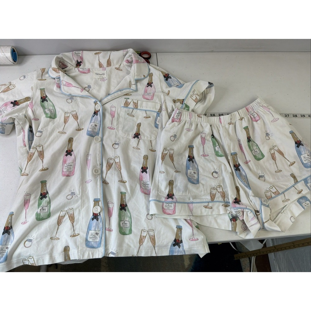 BedHead PJs White Pop Fizz Bridal Champagne Print Pajama Short Set S "MRS"